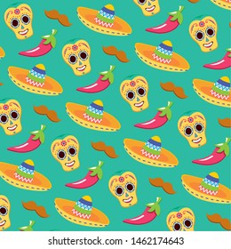 sugar skull hat and chili pepper celebration viva mexico background vector illustration