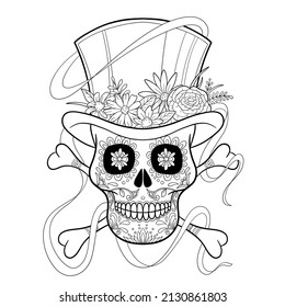 Sugar Skull in the Hat with Flowers