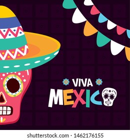 sugar skull hat garland celebration viva mexico vector illustration