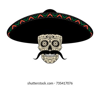 Sugar Skull In Hat With A Mustache