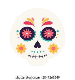 Sugar skull, Sugar Head, Skull Face, Cartoon Skeleton, Dead Head and Human Skulls. Mexico. Dead head and human skulls. Halloween, Day of the Dead illustration. Flat hand drawn vector