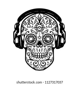 Sugar skull with headphones. Design element for poster, card, print, emblem, sign. 
