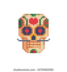 Sugar skull with heart and ornament. pixel art icon. Mexican traditional symbol of the Day of the Dead. Isolated vector illustration on white background. 8-bit. Design stickers, logo, mobile app.