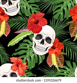 Sugar Skull with hibiscus flowers and tropical leaves. Seamless vector pattern.