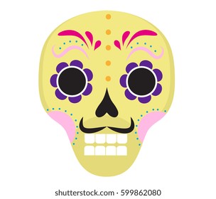 Sugar skull icon, flat, cartoon style. Cute dead head, skeleton for the Day of the Dead in Mexico. Isolated on white background. Vector illustration, clip art
