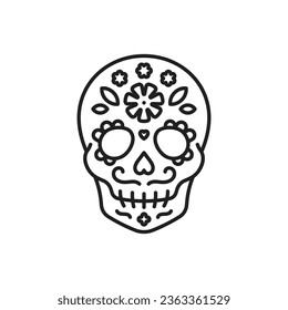 Icono del cráneo de azúcar. Esqueleto de decoración festiva mexicana. Ornamento tradicional de las marigolas. Concepto del Día de los Muertos. Icono de línea delgada modificable.