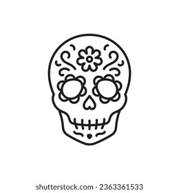 Sugar skull icon. Mexican festive decorated skeleton. Traditional ornament of marigolds. Day of the Dead concept. Editable stroke, line thin icon.