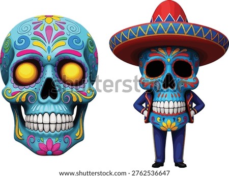 Sugar skull illustration, Day of the Dead Mexican character, colorful calavera design, festive culture, traditional costume, Dia de los Muertos celebration art