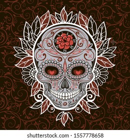 Sugar skull illustration with floral background, vector