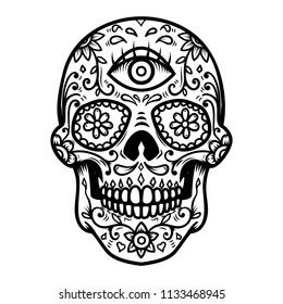 Sugar skull isolated on white background. Day of the dead. Dia de los muertos. Design element for poster, card, banner, print. Vector illustration