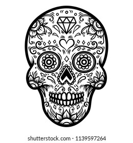 Sugar skull isolated on white background. Day of the dead. Dia de los muertos. Design element for poster, card, banner, print. Vector illustration