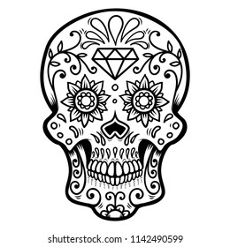 Sugar skull isolated on white background. Day of the dead. Dia de los muertos. Design element for poster, card, banner, print. Vector illustration