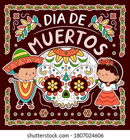 Sugar skull and kids in traditional mexican costume. Day of the dead, Dia de Muertos concept. Vector flat line cartoon kawaii character illustration icon. Mexican Dia de Muertos poster