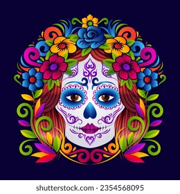 Sugar Skull la catrina, Dia de Muertos Symbol mit lebendiger Farbe Ornament Design