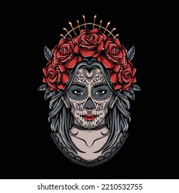 sugar skull lady with roses vector illustration
