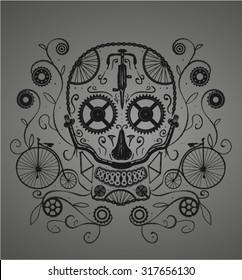 Sugar skull made with bicycles parts. Good for a tattoo or a t-shirt design.