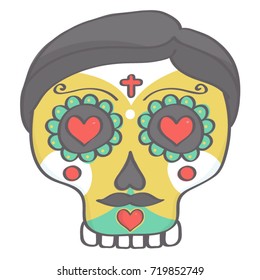 Sugar skull male head in Halloween style, colorful vector drawing isolated on white background