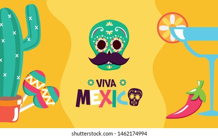 sugar skull maracas cocktail cactus maracas celebration viva mexico vector illustration