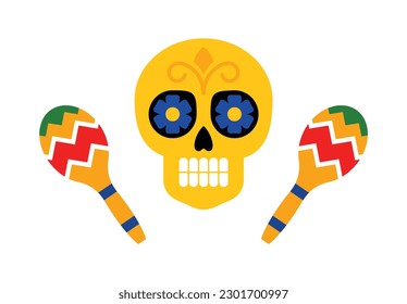 Sugar skull and maracas. Mexican elements design in minimalist style. Dia de los muertos concept. Contemporary illustration on white background.