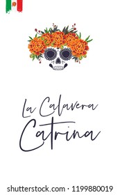 Sugar skull with marigolds for Day of the Dead Halloween celebration. Traditional Mexican autumn festival. Invitation flyer template with text: la calavera catarina - the skull of catrina.