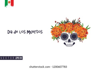 Sugar skull with marigolds for Day of the Dead Halloween celebration. Traditional Mexican autumn festival. Invitation flyer template with text: dia de los muertos - day of the dead in spanish.