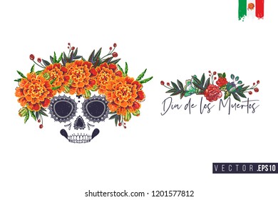 Sugar skull with marigolds for Day of the Dead Halloween celebration. Traditional Mexican autumn festival. Invitation flyer template with text: dia de los muertos - day of the dead.