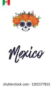 Sugar skull with marigolds for Day of the Dead Halloween celebration. Traditional Mexican autumn festival. Invitation flyer template with text: mexico. Greeting card with white background.