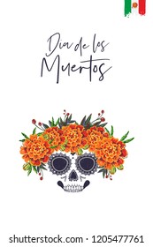 Sugar skull with marigolds for Day of the Dead Halloween celebration. Traditional Mexican autumn festival. Invitation flyer template with text: dia de los muertos - day of the dead.