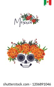 Sugar skull with marigolds for Day of the Dead Halloween celebration. Traditional Mexican autumn festival. Invitation flyer template with text: mexico. Greeting card with white background.