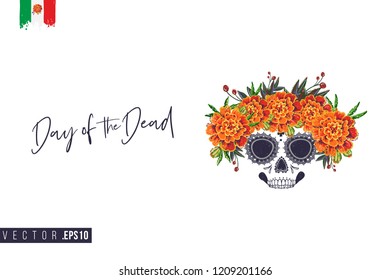 Sugar skull with marigolds for Day of the Dead Halloween celebration. Traditional Mexican autumn festival. Invitation flyer template with text: day of the dead. Greeting card with white background.