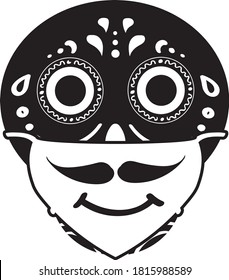 Sugar skull in medical mask, symbol of Mexican Day of the Dead. Bone head in face mask with moustache and smile. Self care party logo during pandemic. Funny vector illustration.