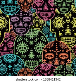 Sugar skull mexican festive inspired pattern in neon colors of spooky skeleton stamps. Vector seamless pattern design for textile, fashion, paper, packaging and branding. 