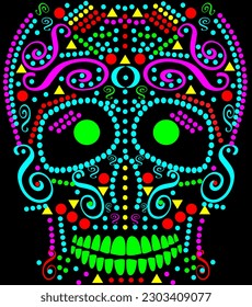 Sugar skull with neon colorful dots. Day of the Dead and Halloween background.