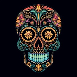Sugar Skull Neon. Day Of The Dead Skull, Isolated On White Background. Jack Skellington. Mexican Sugar Skull. Design Element For Logo, Emblem, Sign, Poster, Card, Banner. Vector Illustration. Color