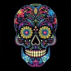 Sugar Skull Neon. Day Of The Dead Skull, Isolated On White Background. Jack Skellington. Mexican Sugar Skull. Design Element For Logo, Emblem, Sign, Poster, Card, Banner. Vector Illustration. Color