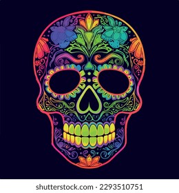 Sugar Skull neon. Day of the Dead Skull, isolated on white background. jack skellington. Mexican sugar skull. Design element for logo, emblem, sign, poster, card, banner. Vector illustration. Color