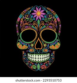 Sugar Skull neon. Day of the Dead Skull, isolated on white background. jack skellington. Mexican sugar skull. Design element for logo, emblem, sign, poster, card, banner. Vector illustration. Color