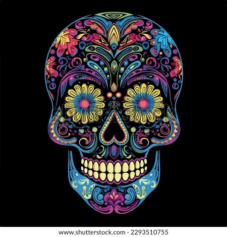 Sugar Skull neon. Day of the Dead Skull, isolated on white background. jack skellington. Mexican sugar skull. Design element for logo, emblem, sign, poster, card, banner. Vector illustration. Color