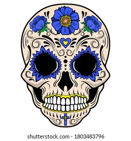 Sugar skull with ornament and blue flowers. Vector illustration.