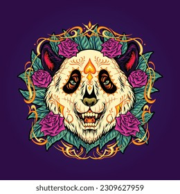 Sugar skull panda head with floral background illustrations vector illustrations for your work logo, merchandise t-shirt, stickers and label designs, poster, greeting cards advertising business 