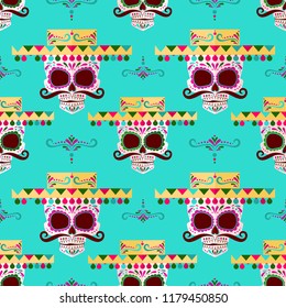 Sugar skull pattern. Day of the dead. Deads' day background with mexican skulls. Dia de Muertos! a skull in a Mexican hat