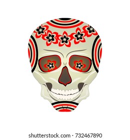 Sugar skull with patterns from black and red flowers to celebrate the Mexican day of the dead. Burning eyes. Calavera. Vector illustration, isolated on white background.