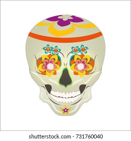 Sugar skull with patterns from flowers to celebrate the Mexican day of the dead. Burning eyes. Calavera. Vector illustration, isolated on white background.