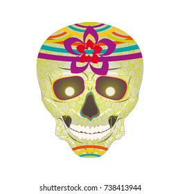 Sugar skull with patterns with flowers and stripes to celebrate the Mexican day of the dead. Burning eyes. Calavera. Vector illustration, isolated on white background.