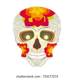 Sugar skull with patterns from from white lace and multi-colored flowers to celebrate the Mexican day of the dead. Burning eyes. Calavera. Vector illustration, isolated on white background.