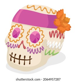 Sugar skull with pink label like bandana and marigold flower, decorated for traditional Mexican Day of the Dead.