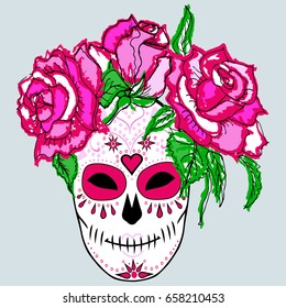 Sugar skull with pink roses. Day of the dead (Dia de los muertos). Isolated on background. Vector illustration.
