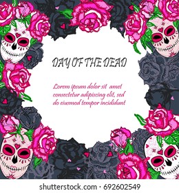 Sugar skull with pink roses template. Text copy frame template. Day of the dead (Dia de los muertos). Happy Halloween. Vector illustration.