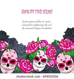 Sugar skull with pink roses template. Text copy frame template. Day of the dead (Dia de los muertos). Happy Halloween. Vector illustration.