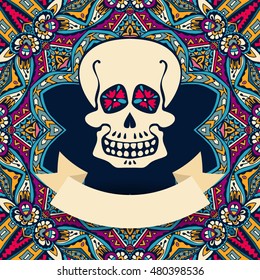 sugar skull poster template. Halloween greeting background